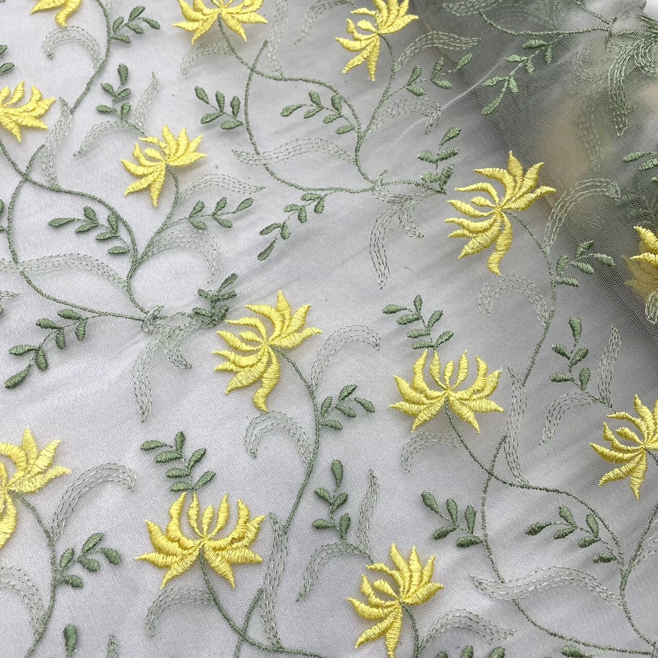 1 Yard Brown Orange Embroidered Lace Fabric on Polyester Net Mesh 54 Inch Width